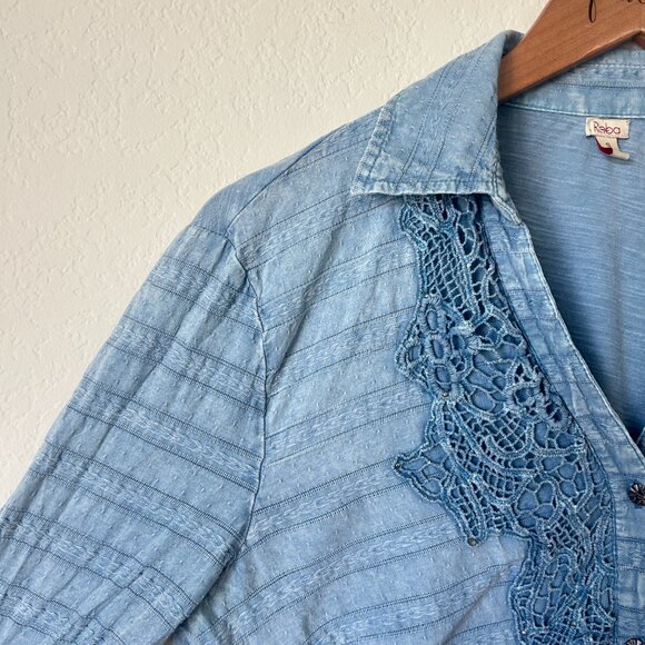 Reba Top Womens Small Blue Embroidered Lace Trim Studded Button Up Blouse S - Picture 4 of 10